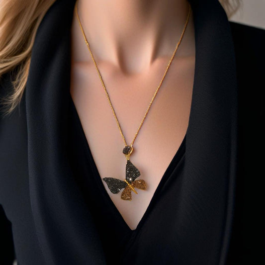 Black & Gold Zircon Crystal Butterfly Necklace