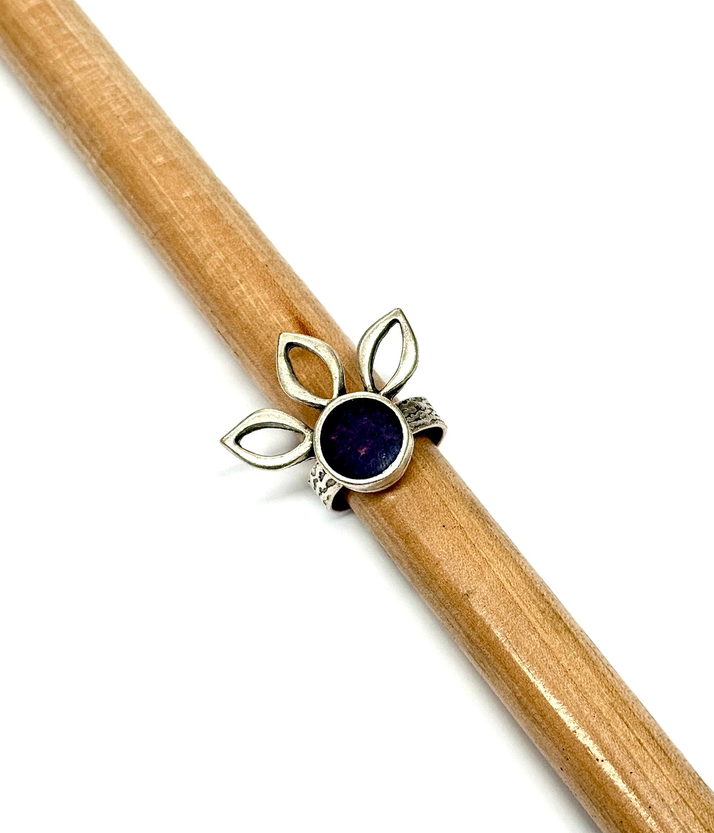 Silver Plated Purple Stone 3 Petal Flower Ring Adjustable