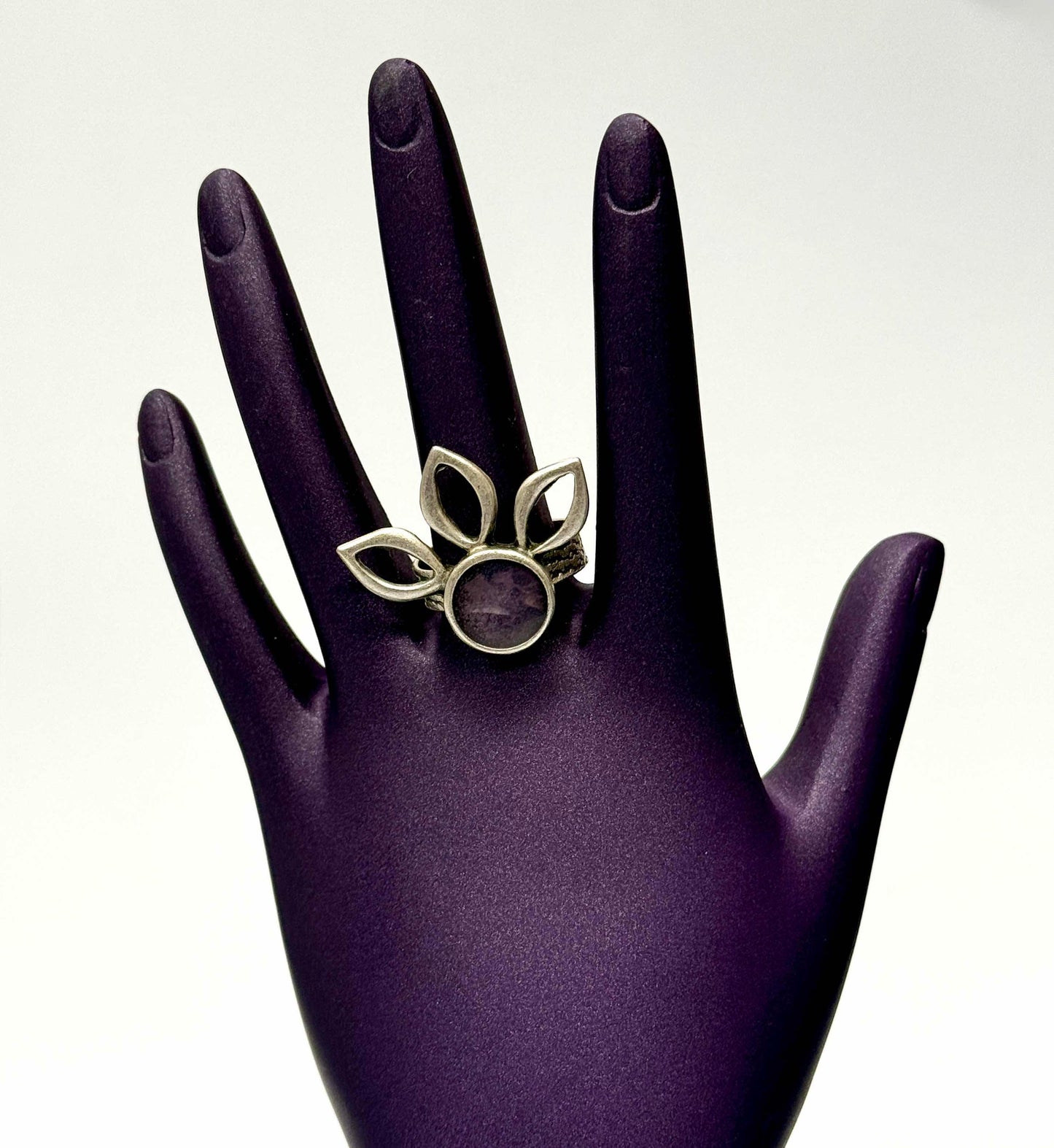 Silver Plated Purple Stone 3 Petal Flower Ring Adjustable