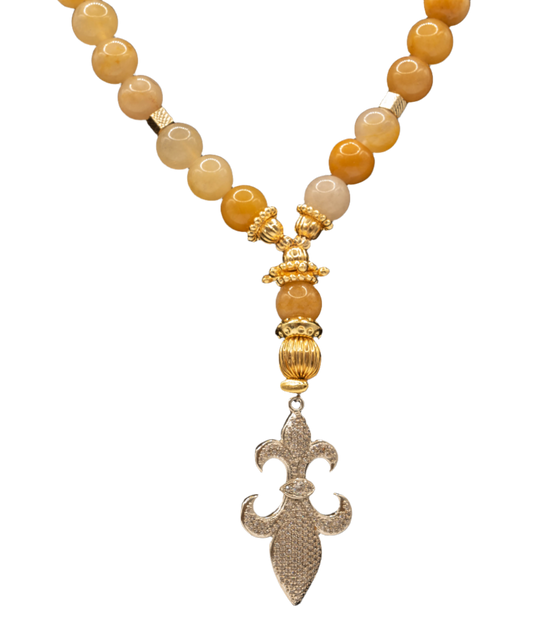 Fleur-de-lis with Champagne Natural Stone Bead Necklace